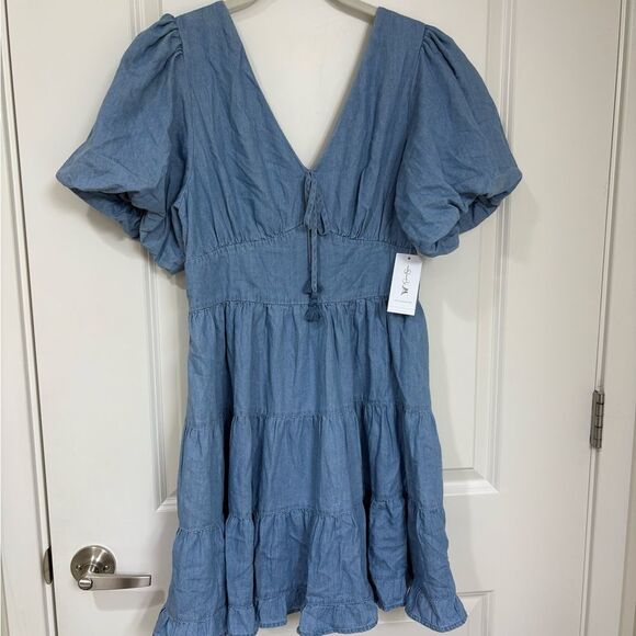 NWT Jessica Simpson Boho Chambray Puff Sleeve Dress. Prairie Style Ruffle - SM - Picture 1 of 7